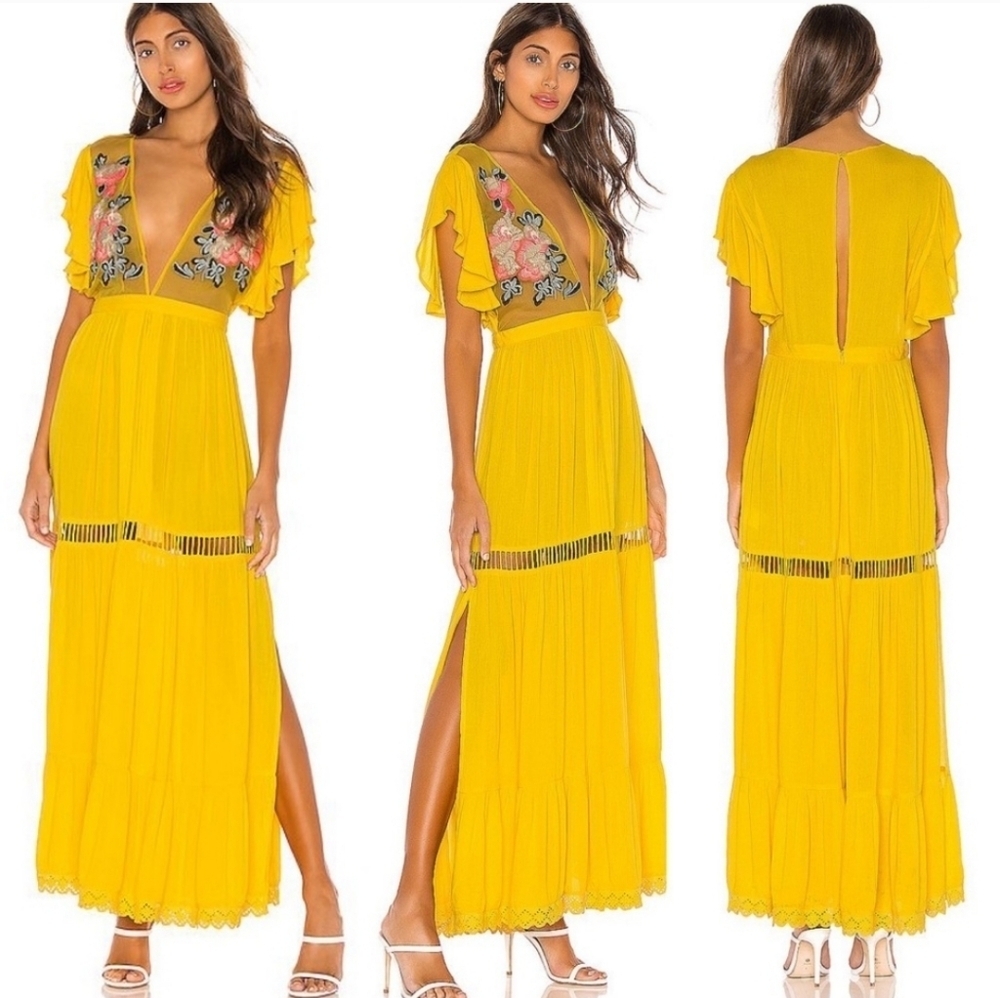 Cleobella NWT Amery Yellow Floral Embroidered Sheer Boho Long Maxi Dress XS